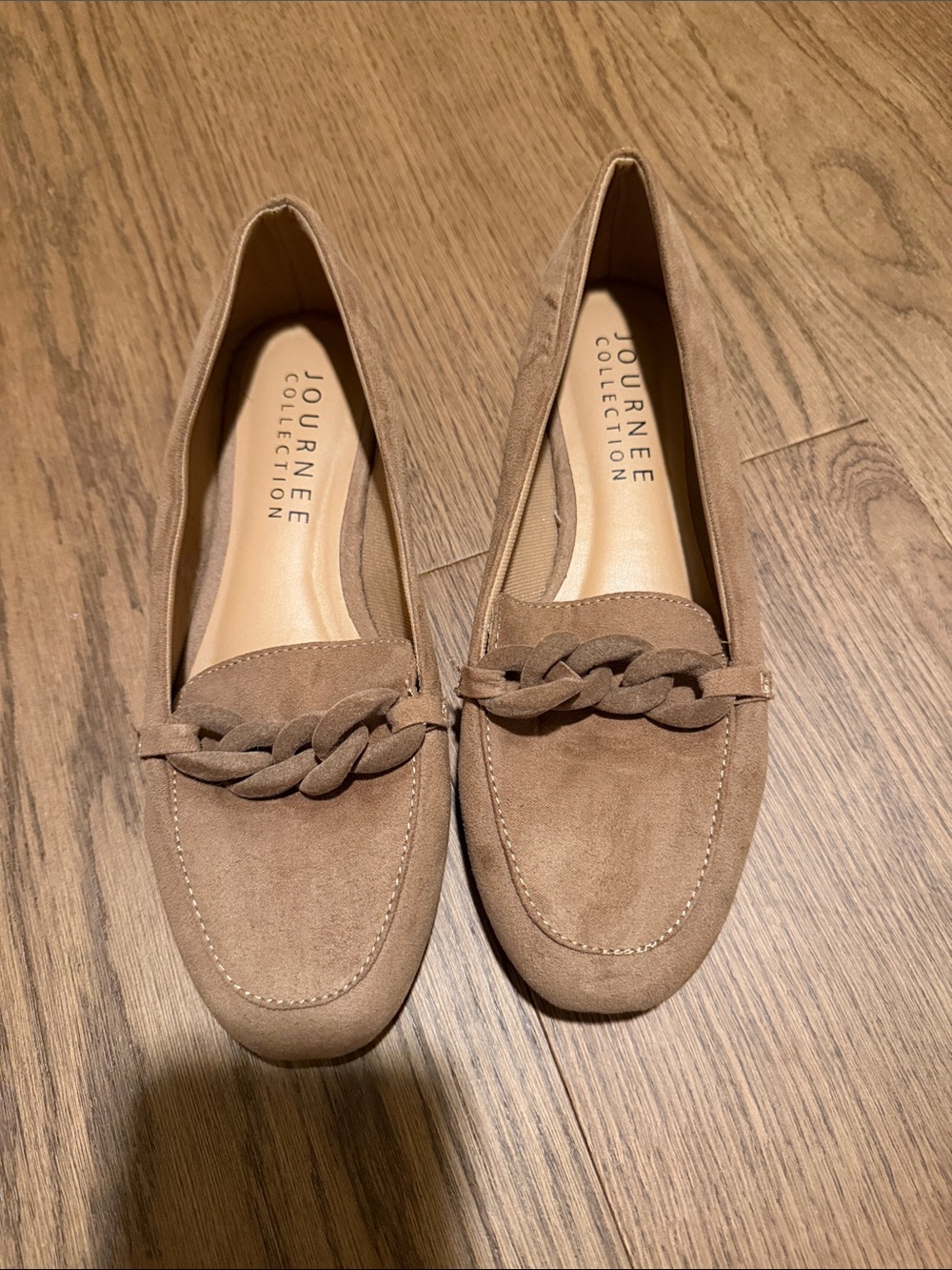Journee Collection Taupe Suede Braided-Trim Loafers (NEW)